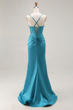 Peacock Blue Corset Mermaid Cut-Out Satin Long Prom Dress with Slit
