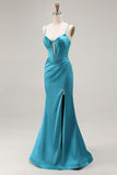 Peacock Blue Corset Mermaid Cut-Out Satin Long Prom Dress with Slit