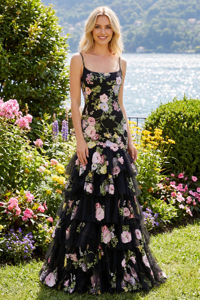 ZAPAKA Women Black Pink Flower Long Prom Dress with Ruffles Mermaid Spaghetti Straps Sequin Evening Party Dress with Lace Up Back, Black Pink Flower
