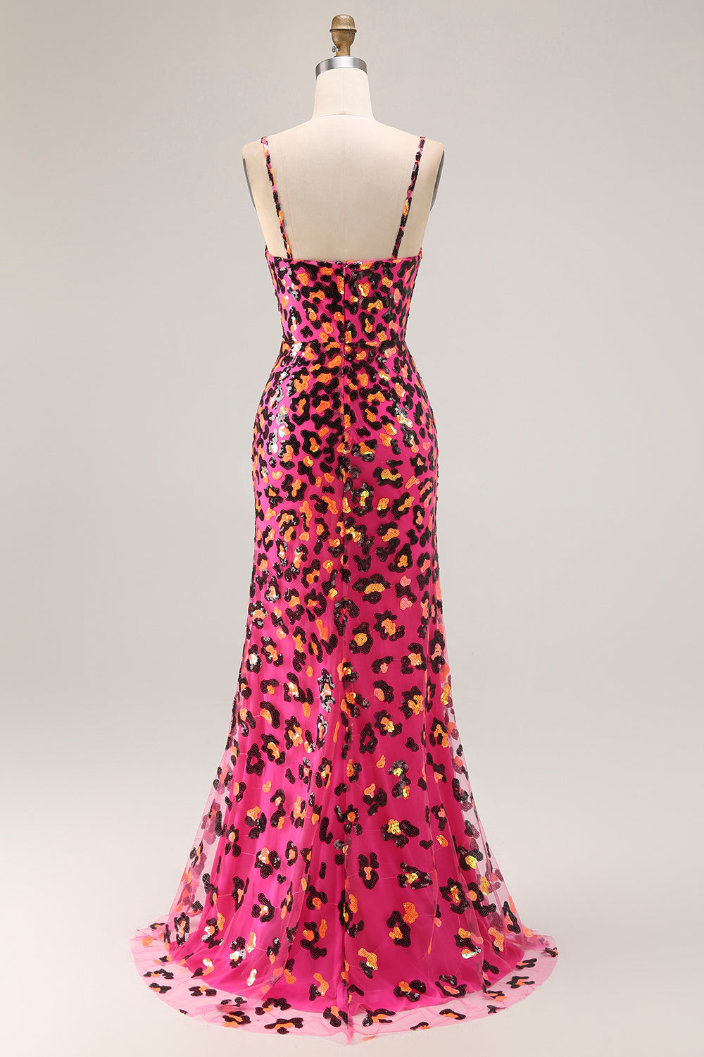 Fuchsia Leopard Mermaid Sequins Spaghetti Straps Long Prom Dress With Slit
