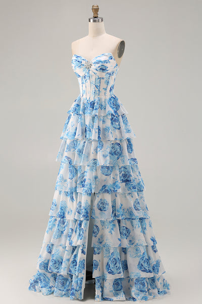 ZAPAKA Women White Blue Floral Long Prom Dress with Slit Strapless A