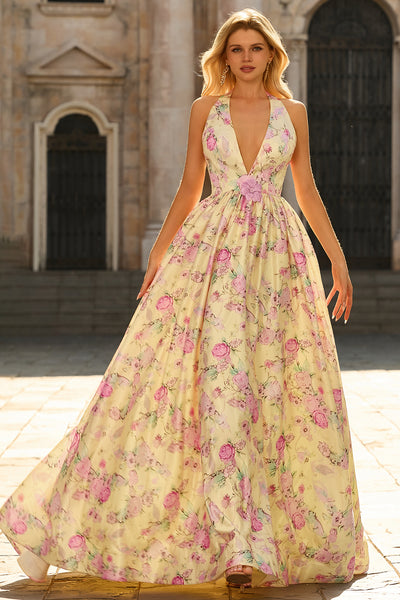 ZAPAKA Women Yellow Pink Flowers Long Prom Dress with Slit A Line Deep V Neck Backless Wedding Guest Dress, Yellow Pink Flower / US2