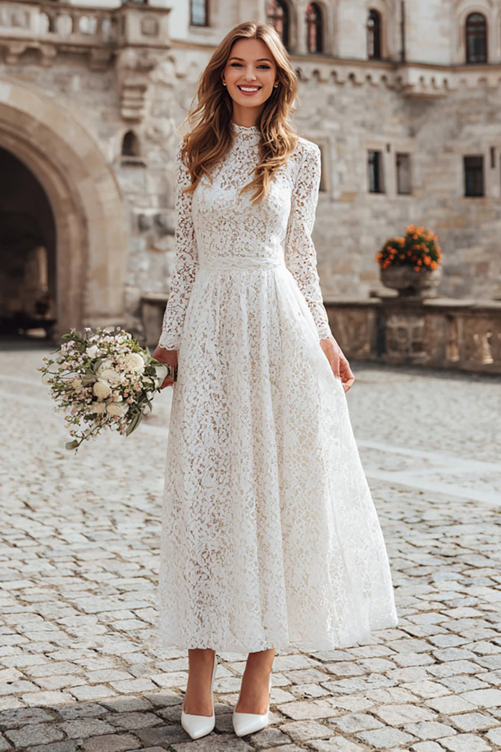 Ivory Lace A Line High Neck Rehearsal Dinner Dress