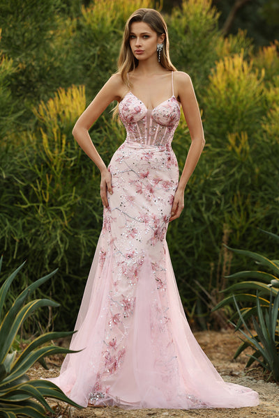 pink mermaid wedding dress Zapaka Women Long Prom with Sequins Floral Spaghetti Straps Party Dress with Lace Up Back – ZAPAKA brown shirt formal events Care Color:DustyRose Ruched Long Sleeve Mini