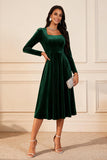 Dark Green A Line Velvet Long Sleeve Holiday Party Dress