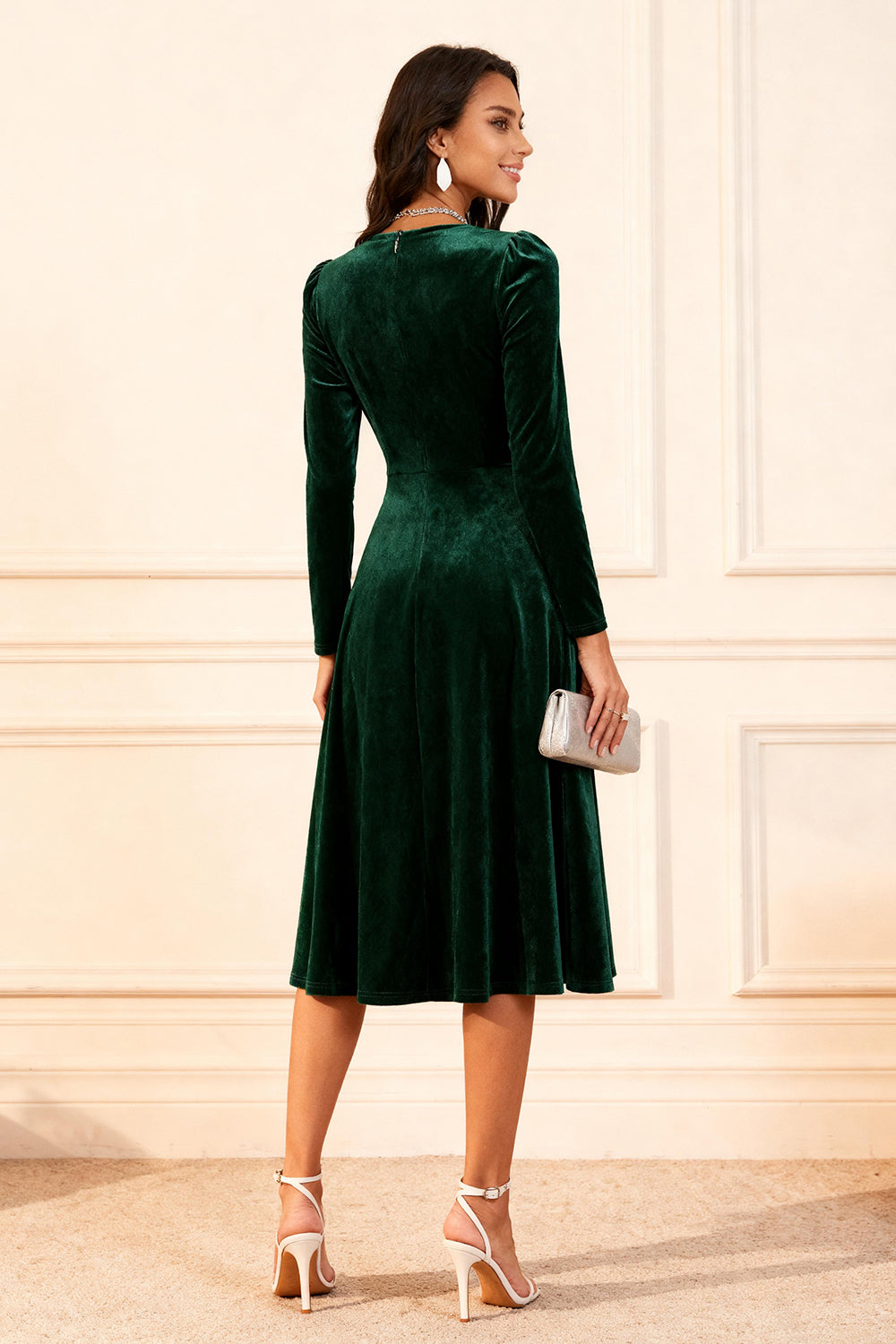 Dark Green A Line Velvet Long Sleeve Holiday Party Dress