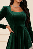 Dark Green A Line Velvet Long Sleeve Holiday Party Dress