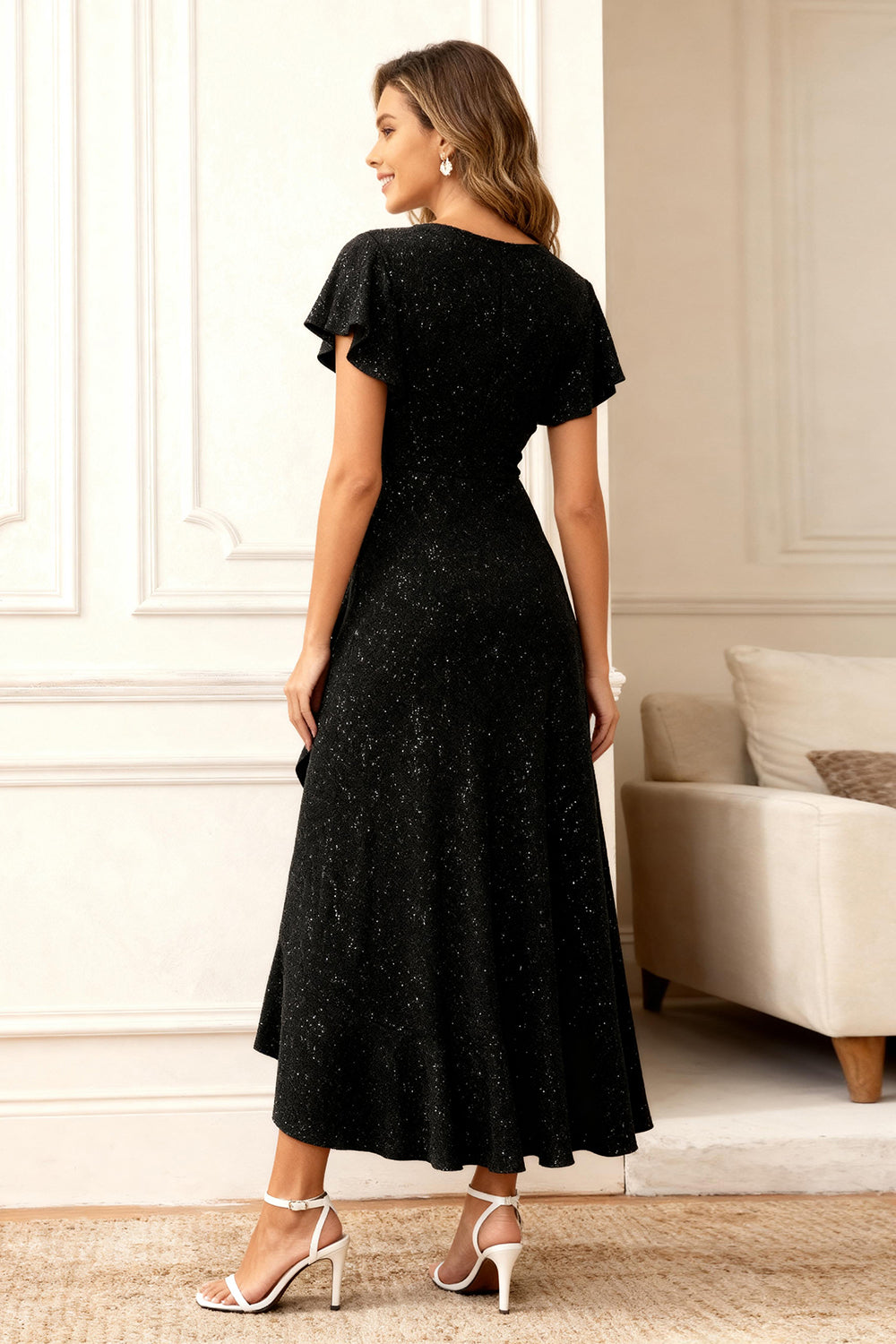 Glitter Black A Line Ruffle Holiday Party Dress with Sleeves