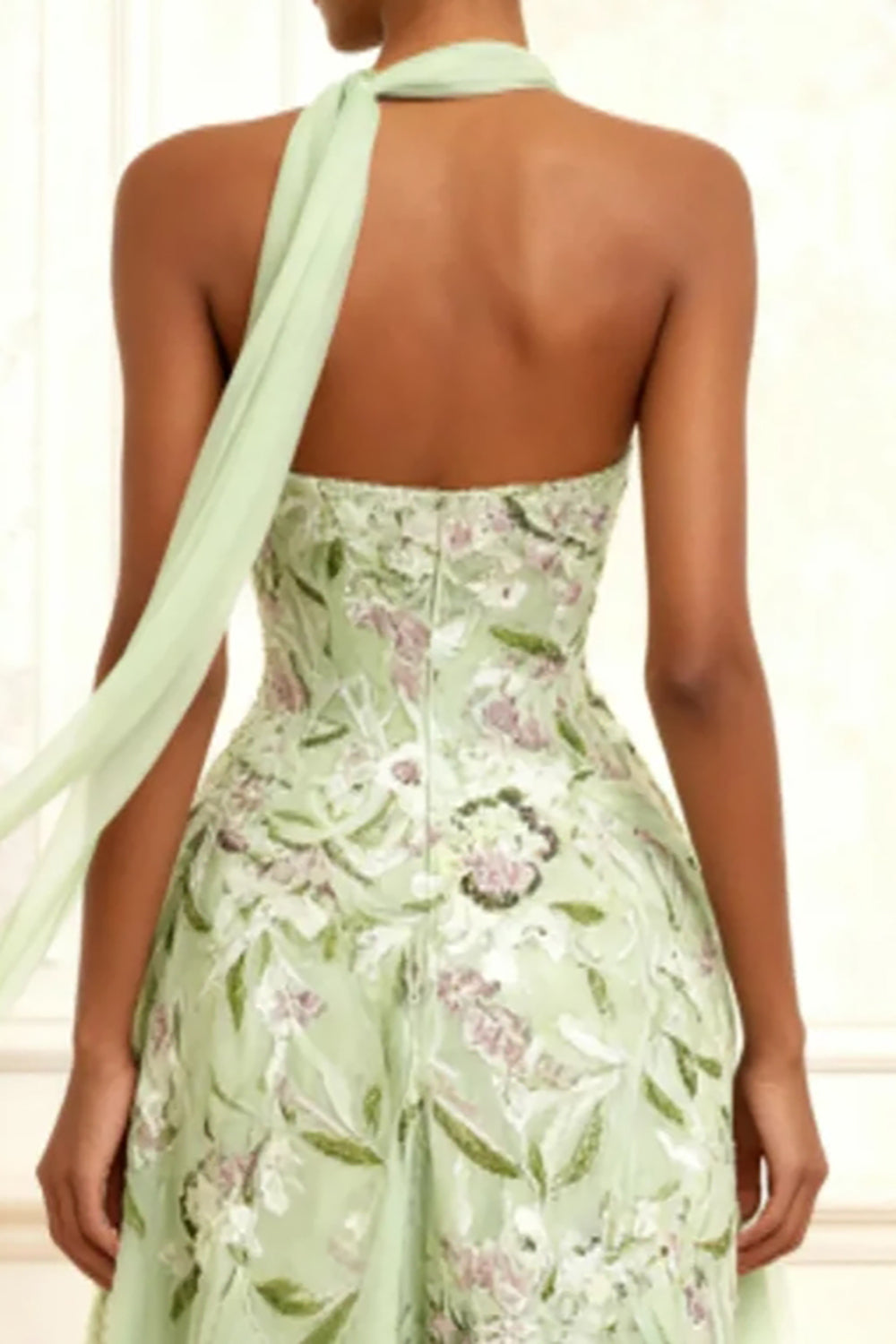 Dusty Sage Strapless A-Line Embroidered Long Prom Dress With Slit