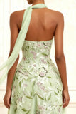 Dusty Sage Strapless A-Line Embroidered Long Prom Dress With Slit