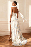 Strapless White Printed Corset Prom Dress With Slit