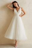 White Tulle A Line V-Neck Midi Wedding Dress