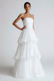 White Strapless Tiered Chiffon Long Wedding Reception Dress