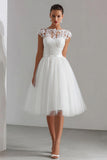 White Tulle A Line Midi Rehearsal Dinner Dress with Lace