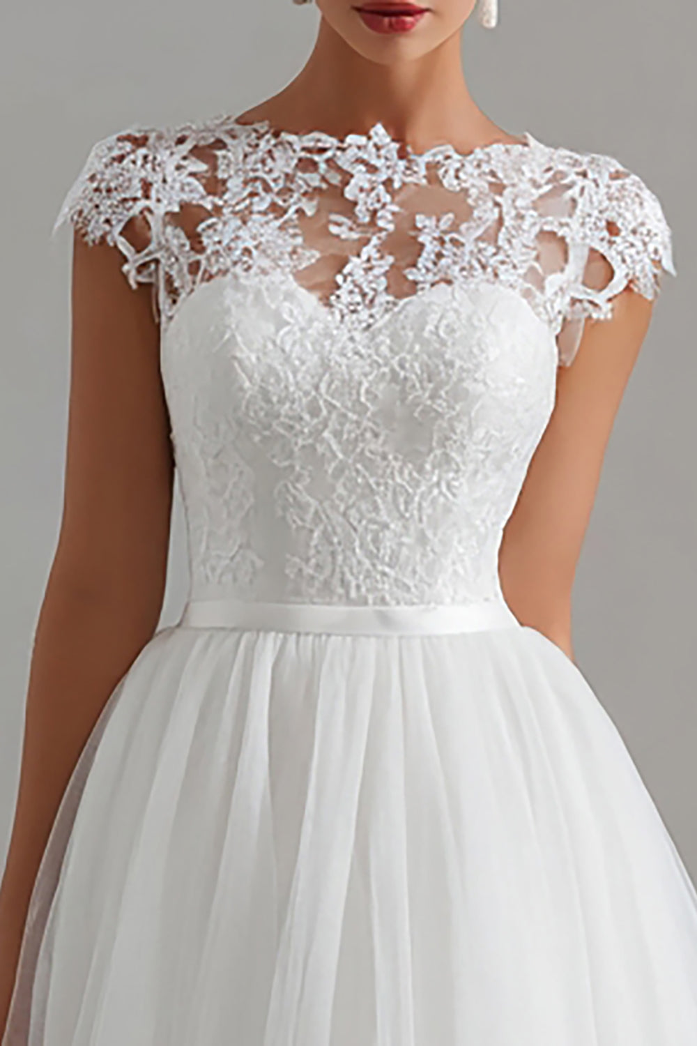 White Tulle A Line Midi Rehearsal Dinner Dress with Lace