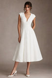 White Jacquard A Line V-Neck Midi Engagement Dress