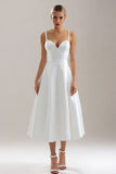 White Spaghetti Straps A Line Midi Rehearsal Dinner Dress