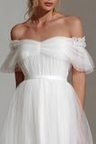 White Off The Shoulder A Line Midi Courthouse Wedding Dress