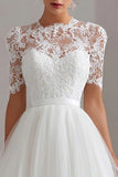 White High Neck A Line Lace Courthouse Wedding Dress