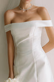 White Off the Shoulder Satin Short Courthouse Wedding Dress