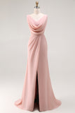 Blush Pink Mermaid Cowl Neck Bridesmaid Dress With Slit