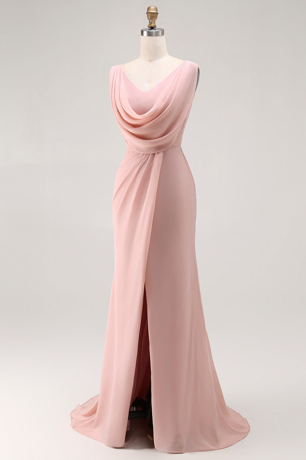 Blush Pink Mermaid Cowl Neck Bridesmaid Dress With Slit