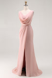Blush Pink Mermaid Cowl Neck Bridesmaid Dress With Slit