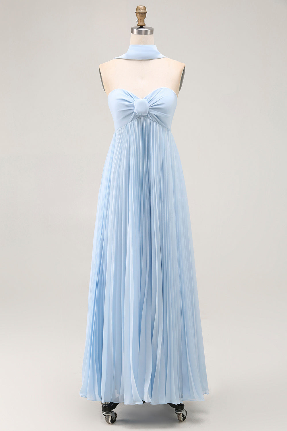 Strapless Sky Blue A Line Pleated Bridesmaid Dress with Halter Scarf