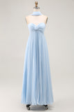 Strapless Sky Blue A Line Pleated Bridesmaid Dress with Halter Scarf