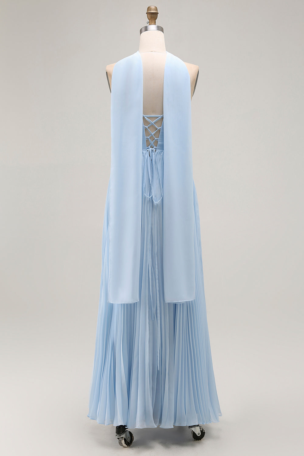 Strapless Sky Blue A Line Pleated Bridesmaid Dress with Halter Scarf