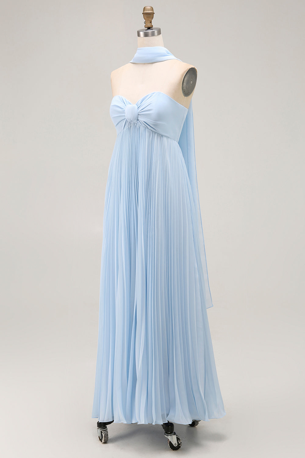 Strapless Sky Blue A Line Pleated Bridesmaid Dress with Halter Scarf
