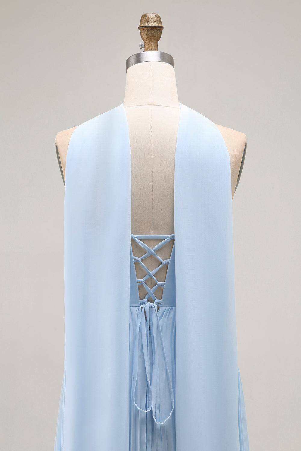 Strapless Sky Blue A Line Pleated Bridesmaid Dress with Halter Scarf