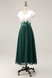 White Green A Line V Neck Appliqued Mother Of The Bride Dress