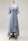 Dusty Blue A Line Asymmetrical Neck Mother Of The Bride Dress With Sleeves
