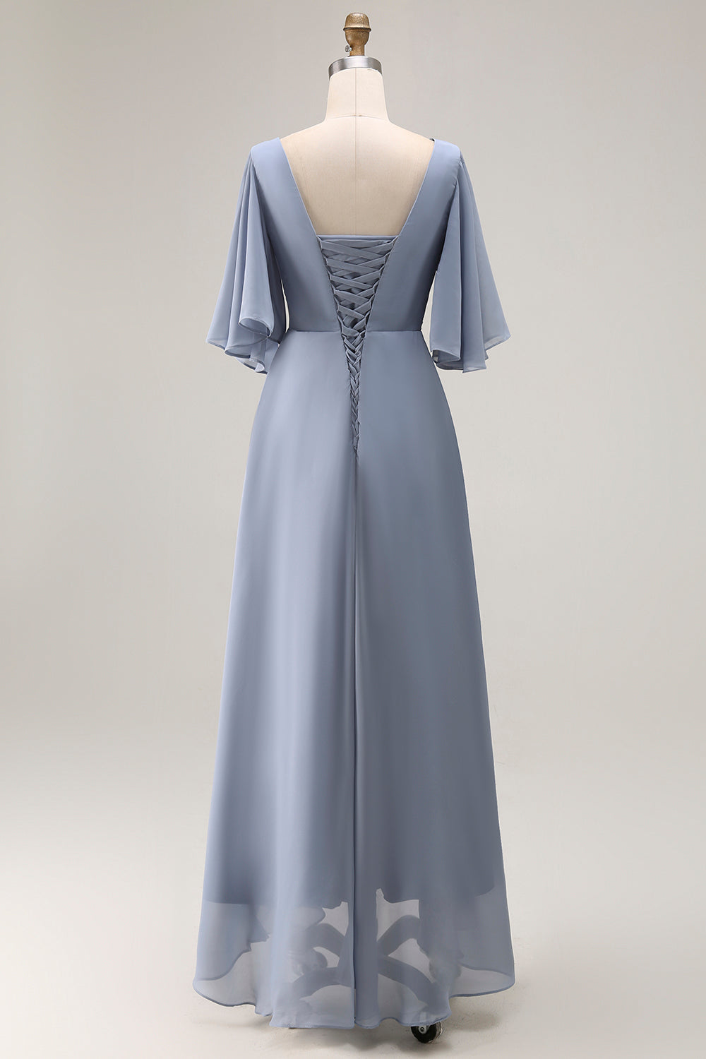 Dusty Blue A Line Asymmetrical Neck Mother Of The Bride Dress With Sleeves