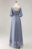 Dusty Blue A Line Asymmetrical Neck Mother Of The Bride Dress With Sleeves