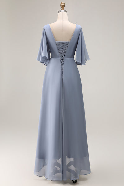 Zapaka Women Dusty Blue Mother Of The Bride Dress A Line Asymmetrical Neck Wedding Guest Dress with Lace Up Back, Dusty Blue / US4