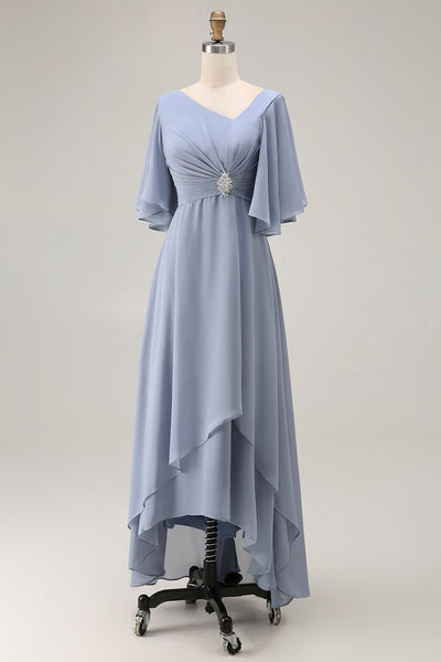Zapaka Women Dusty Blue Mother Of The Bride Dress A Line Asymmetrical Neck Wedding Guest Dress with Lace Up Back, Dusty Blue / US4 Zapaka Women Dusty Blue Mother Of The Bride Dress A Line Asymmetrical Neck Wedding Guest Dress with Lace Up Back, Dusty Blue / US4