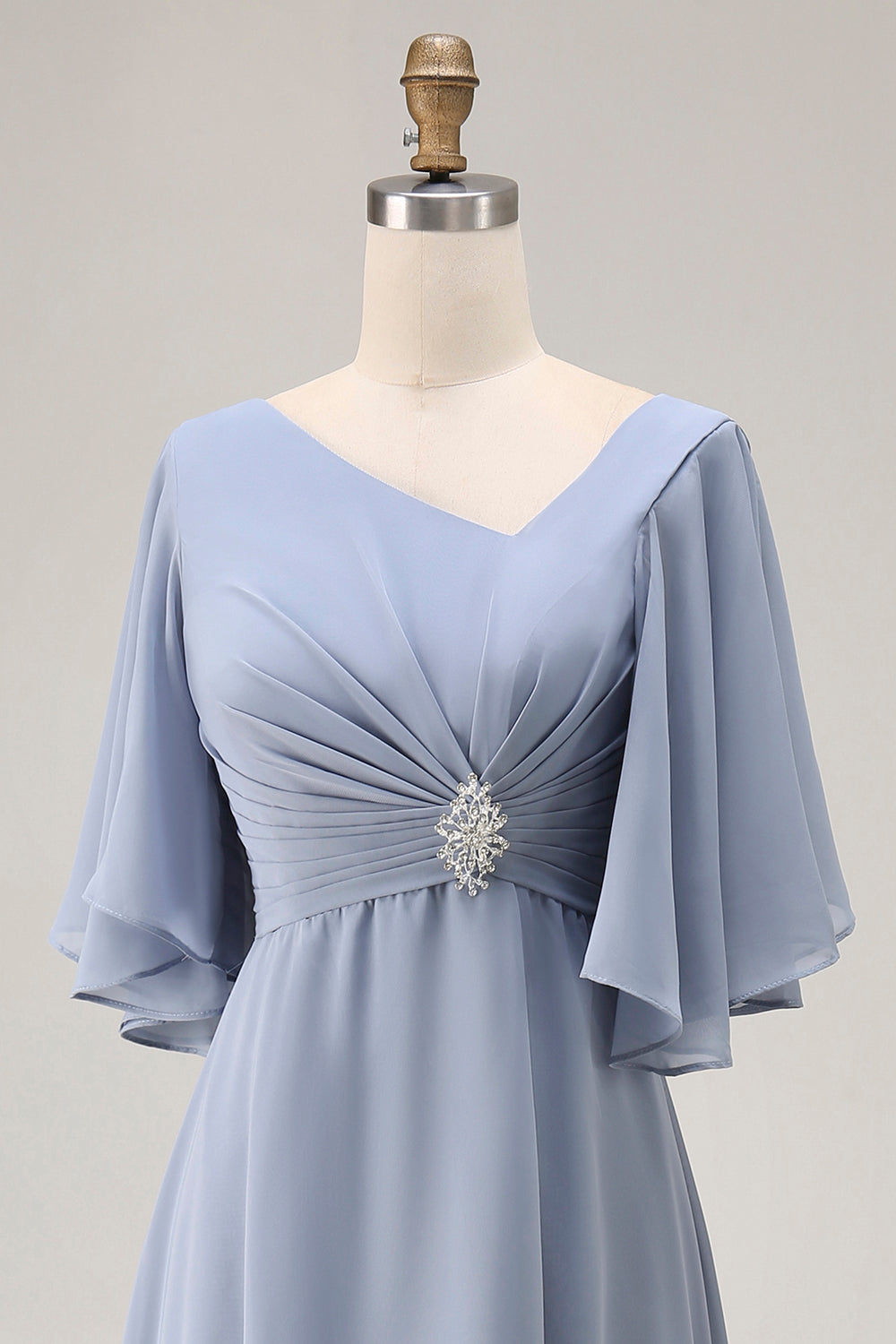Dusty Blue A Line Asymmetrical Neck Mother Of The Bride Dress With Sleeves