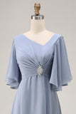 Dusty Blue A Line Asymmetrical Neck Mother Of The Bride Dress With Sleeves