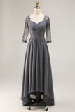 Steel Grey Appliqued A Line Pleated Beaded Mother Of The Bride Dress with Half Sleeves