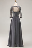 Steel Grey Appliqued A Line Pleated Beaded Mother Of The Bride Dress with Half Sleeves