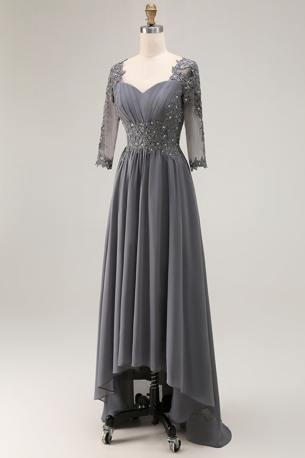 Steel Grey Appliqued A Line Pleated Beaded Mother Of The Bride Dress with Half Sleeves