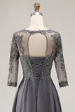 Steel Grey Appliqued A Line Pleated Beaded Mother Of The Bride Dress with Half Sleeves
