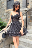 Cute Black A Line Corset Strapless Ruffled Short Homecoming Dress
