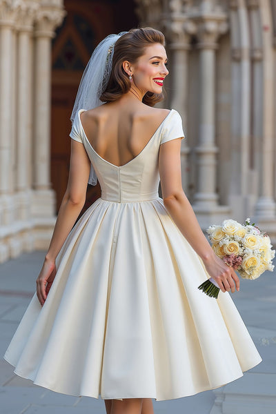 ZAPAKA Women Ivory Corset Short Wedding Dress with Bow Off the Shouder A Line Satin Ruched Engagement Party Dress, Ivory / US16W