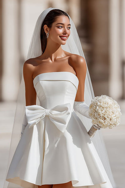 ZAPAKA Women White Corset Short Wedding Dress with Pockets Satin Strapless A Line Bridal Shower with Detachable Bow, White / US16W ZAPAKA Women White Corset Short Wedding Dress with Pockets Satin Strapless A Line Bridal Shower with Detachable Bow, White / US16W