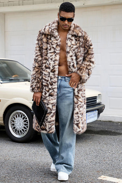 ZAPAKA Men's Thick Faux Fur Coat Brown Leopard Open Front Warmth