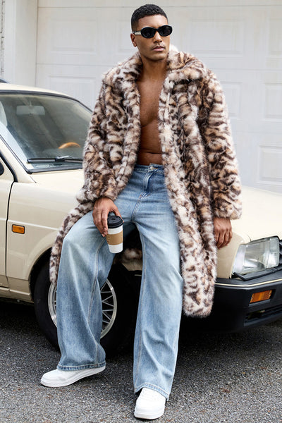 ZAPAKA Men's Thick Faux Fur Coat Brown Leopard Open Front Warmth