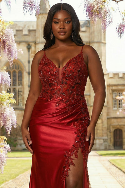ZAPAKA Women Burgundy Plus Size Long Prom Dress with Slit Mermaid Sequins Spaghetti Straps Appliqued Evening Party Dress ZAPAKA Women Burgundy Plus Size Long Prom Dress with Slit Mermaid Sequins Spaghetti Straps Appliqued Evening Party Dress